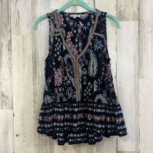 Patrons Of Peace Blouse Floral Boho Crinkle Hi Low Hem Sleeveless Size Medium